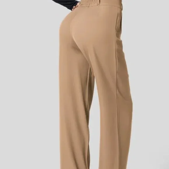 B4-93- High Waisted Button Zipper Shirred Straight Leg Work Suit Pants - Picture 2 of 8